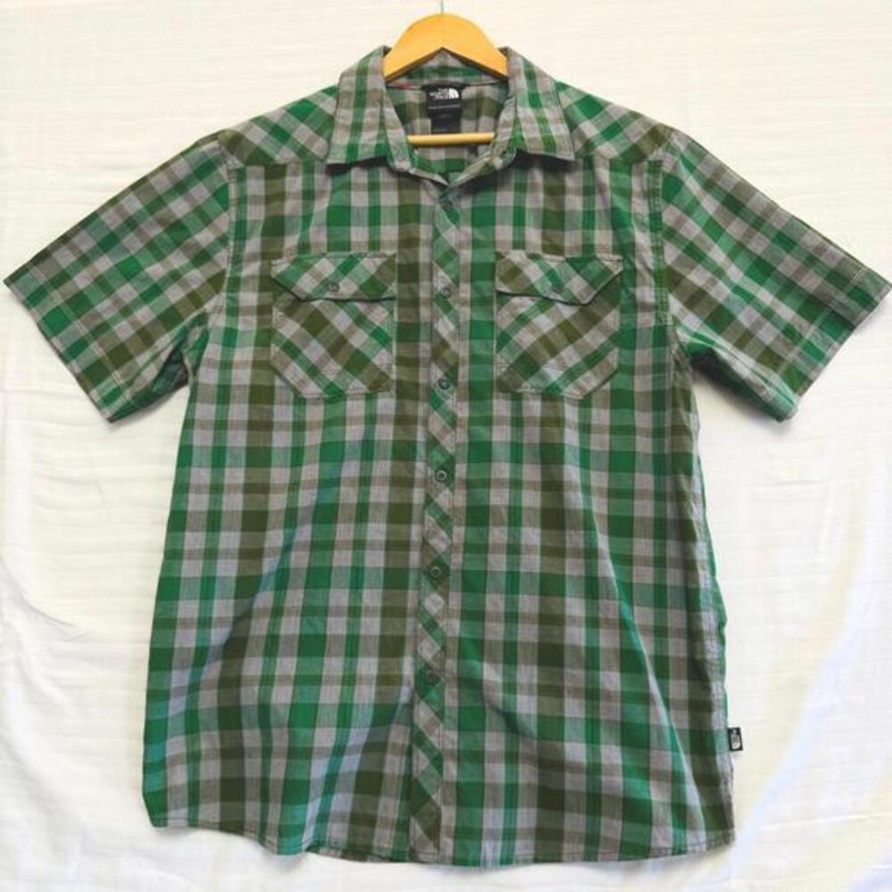 The North Face Green Gray Plaid Short Sleeve Button‎ Shirt Men's Large Outdoor